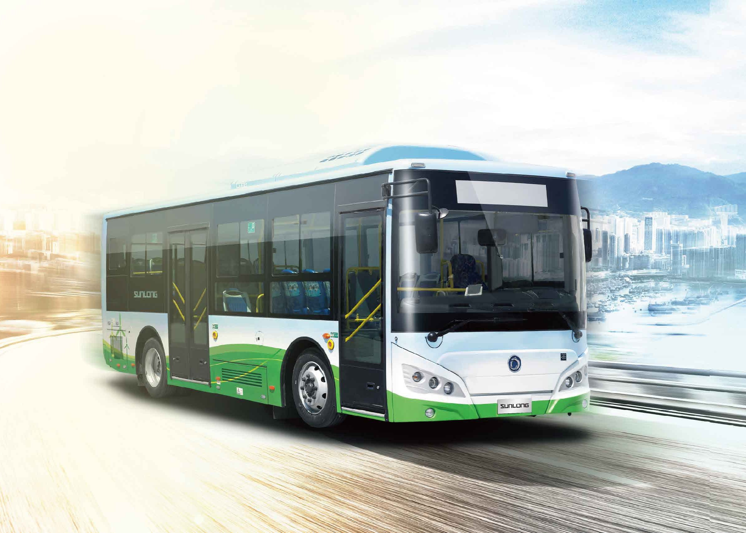 Sunlong SLK6929EV series electric city bus in a snowy urban environment